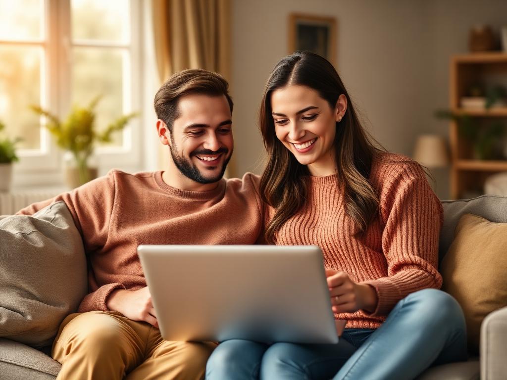 A young couple smiling as they compare life insurance plans together on a laptop