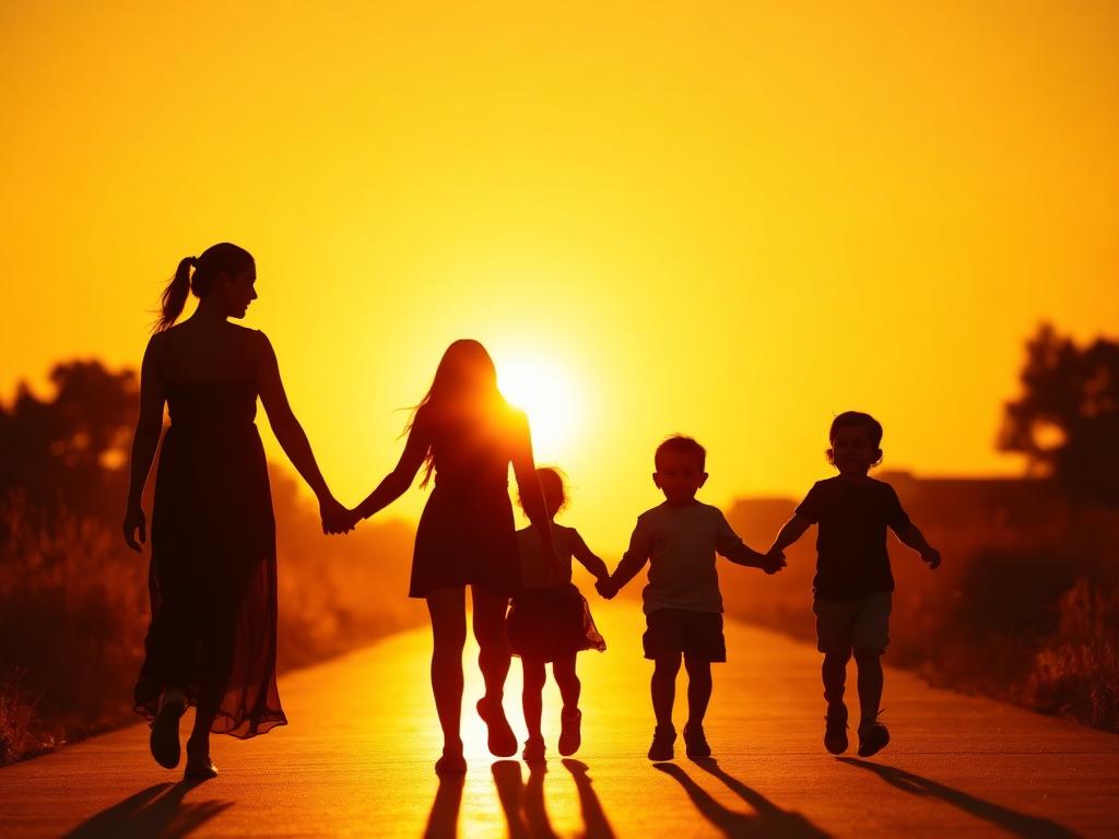 A family of four holding hands walking together at sunset