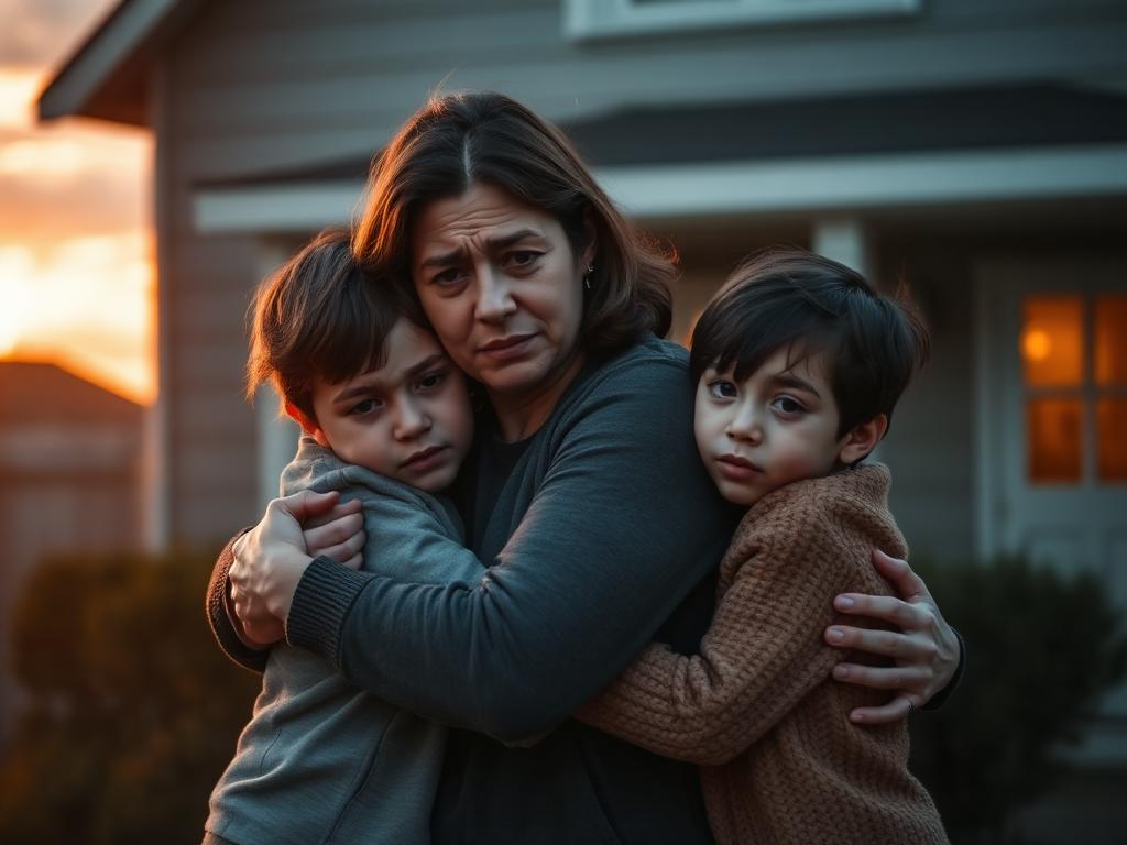 A mother holding her two children close outside their home at sunset