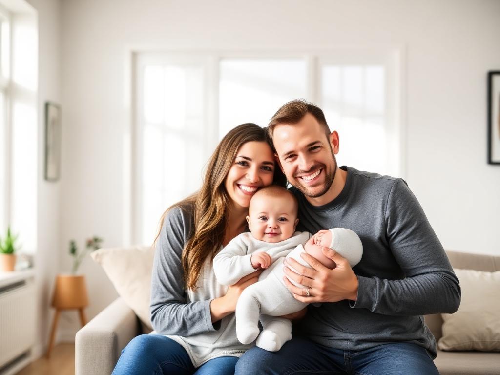 A young couple at home with their baby